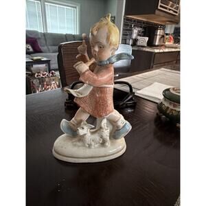 Vintage Porcelain Child Playing Flute Figurine with Dog – As Is